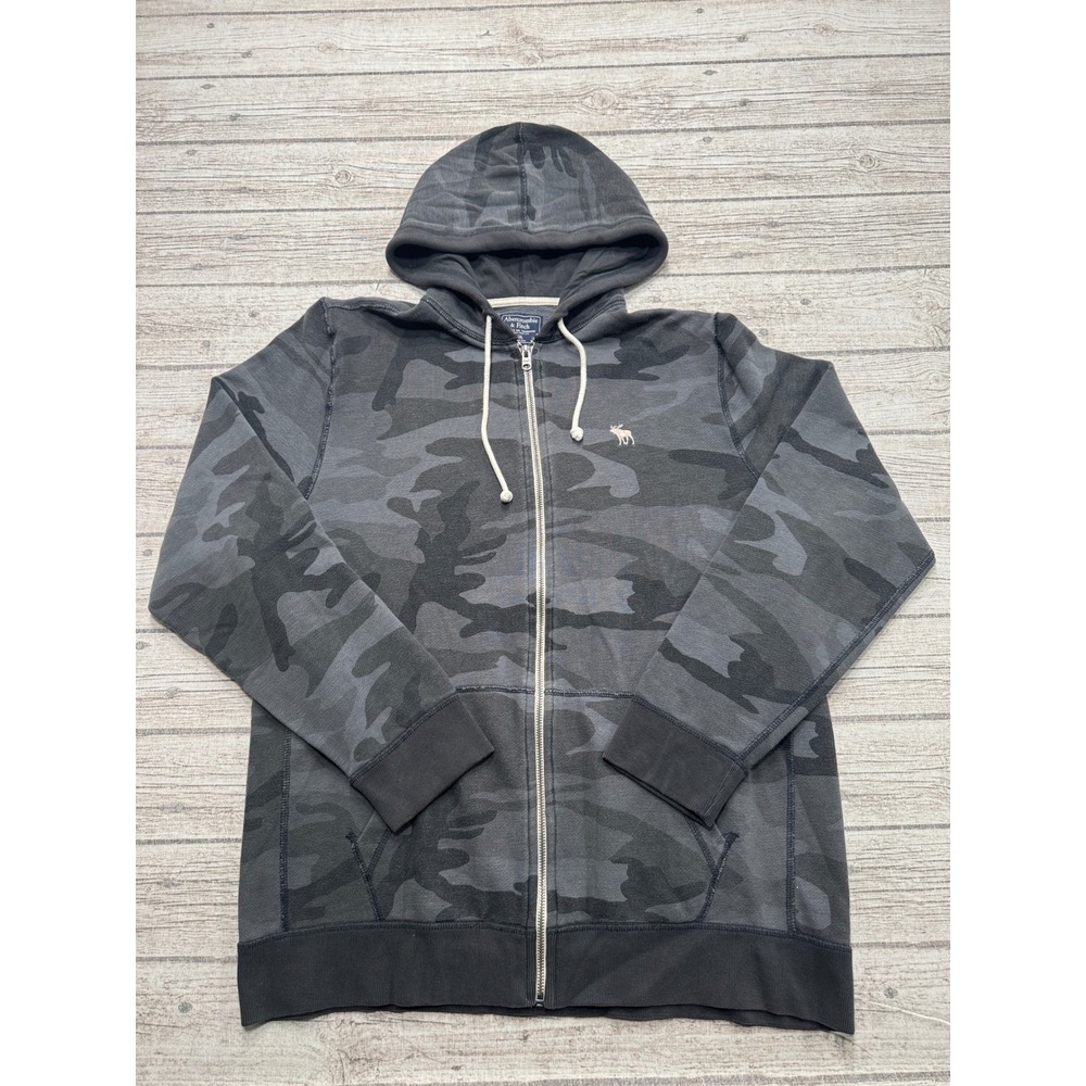 Abercrombie & Fitch Hoodie Men's 2XL Gray Camo Fleece Lined Full Zip Sweatshirt
